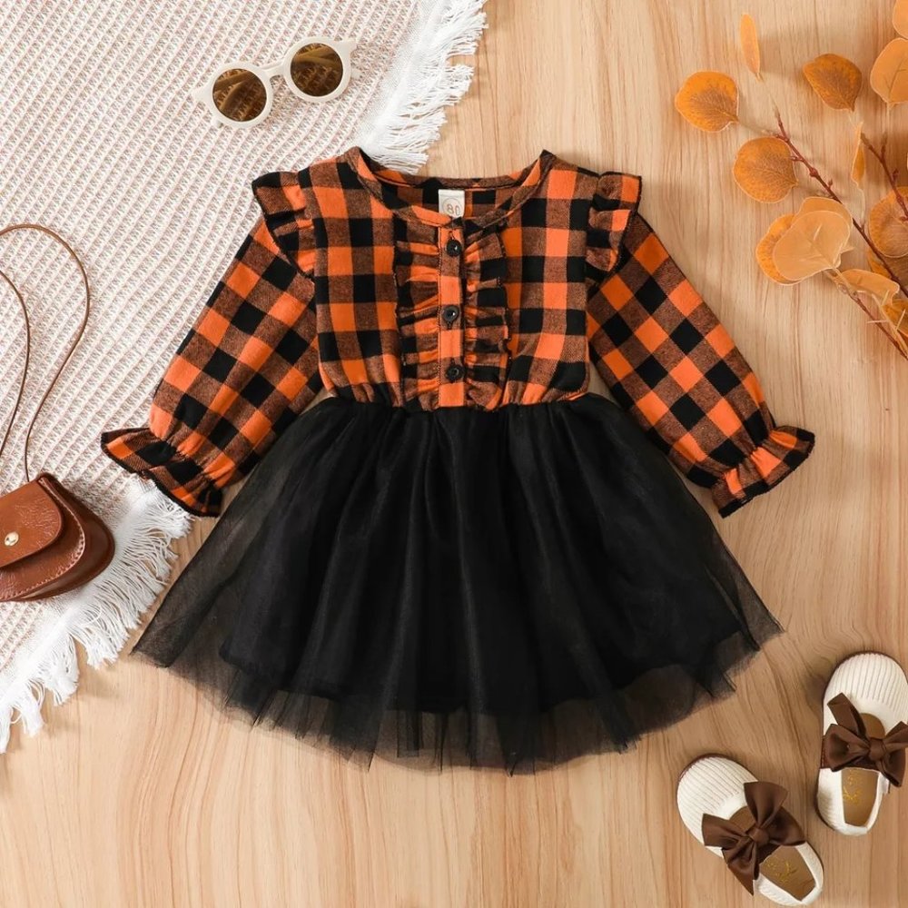 Halloween Girls Orange Plaid Ruffle Tutu Dress